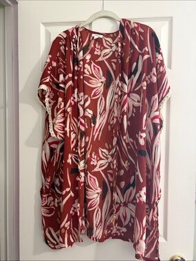 Maurices Rust Floral Print Open-Front Kimono with Pink Accents